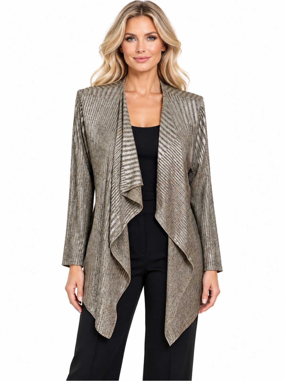 Cha Cha Vente Petite XL Metallic Shimmer Waterfall Open Front Jacket Long Sleeve